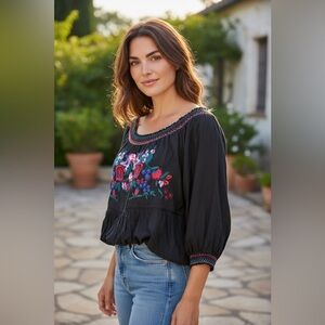 Free People Black Blouse with Floral Embroidery